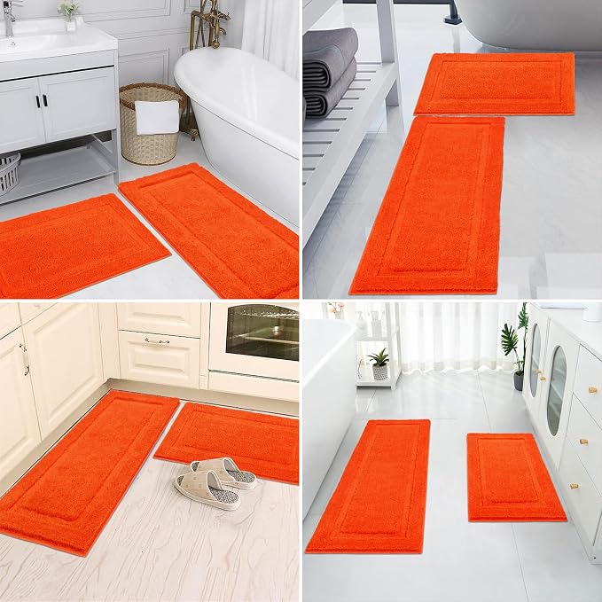 SHACOS Soft Microfiber Bathroom Rugs Set of 2 Pieces, Orange | 47x20 + 32x20, Absorbent Plush Bath Rugs, Non Slip Washable Shaggy Bath Mats, Fluffy Bathroom Runner Floor Mats Shower Rug
