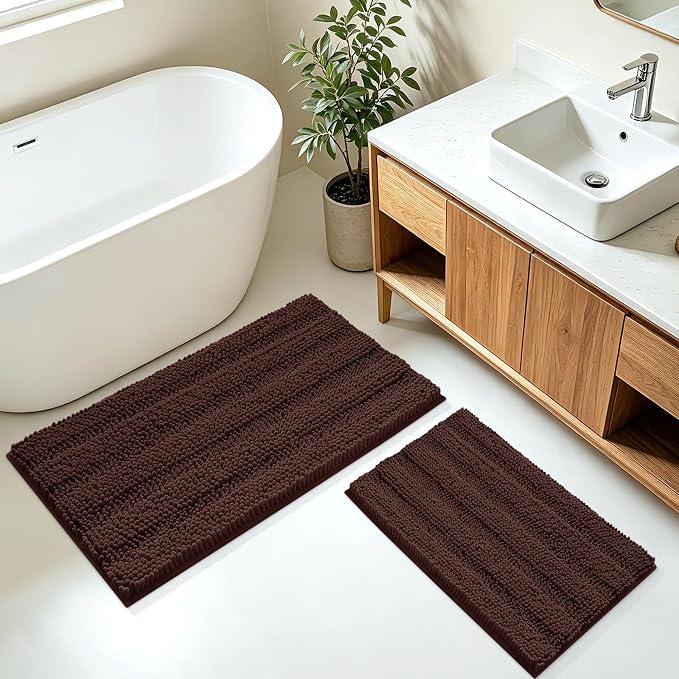 ACCUMTEK Striped Brown Bathroom Rug Mat Set 2 piece 32"x20"+24"x17" Ultra Soft, Non Slip Chenille Bath Rugs, Absorbent Plush Shaggy Bath Mats for Bathroom, Bedroom, Kitchen, Shower, Tub