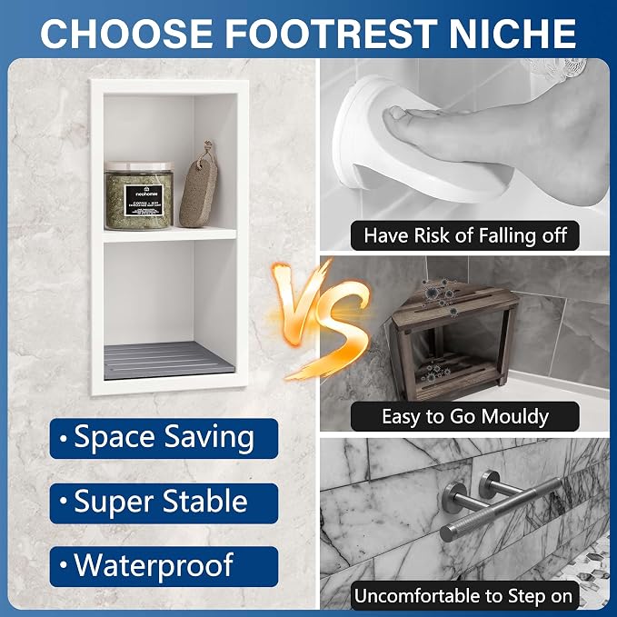 Neodrain Shower Foot Rest for Shaving Legs, 304 Stainless Steel Shower Niche, Recessed Shower Step for Shaving Legs,Niche for Shower Wall, Bathroom Foot Rest (White, 12.3"x 6")