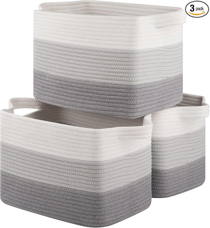 OIASKET Storage Baskets for Organizing, Woven Baskets for Shelves, Rectangle Decorative Organizer for Storage Clothes, Toy, Books, Towels Nursery Bins 3 Pack (Gradient Grey, 15.75"x11.8"x9.85")