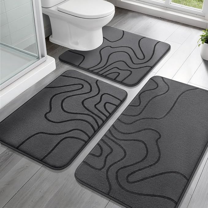 Memory Foam Bathroom Rugs Sets 3 Piece, Ultra Soft Bath Mat, Dark Grey | Ultra Soft, Extra Thick Bath Mat, Absorbent, Non-Slip, Machine Washable, For Tub, Shower & Home Decor Accessories