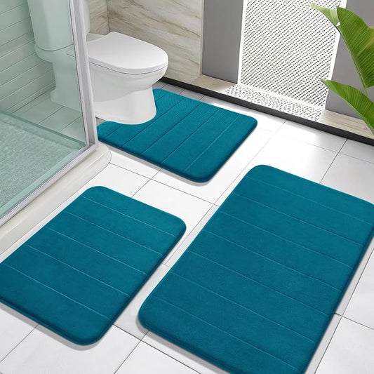 Yimobra Memory Foam Bath Mat Set 3 Pieces- Super Soft Absorbent Quick Dry Bathroom Rug Sets, Machine Washable Non Slip Floor Carpet for Tub Shower, Vanity & Toilet Base, Peacock Blue