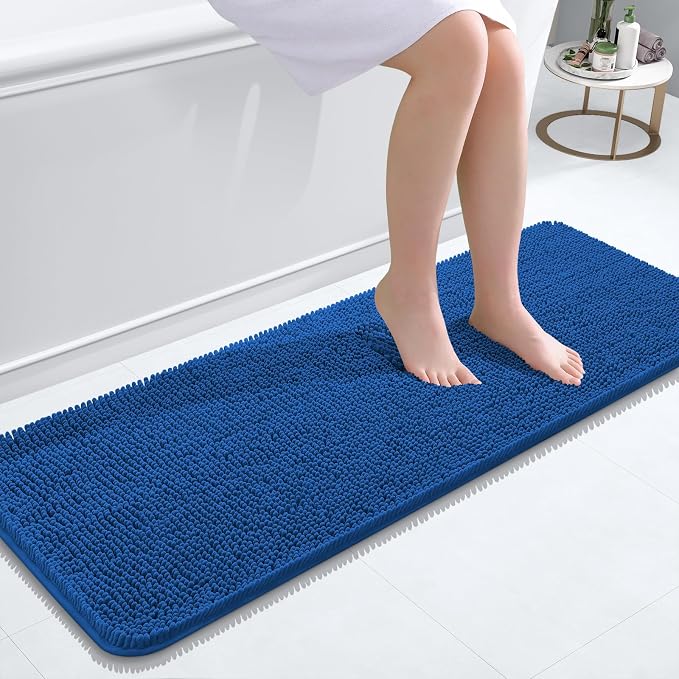 OLANLY Bathroom Runner Rugs 47x17, Extra Soft Absorbent Chenille Bath Rugs | Deep Navy Blue, Quick-Drying Rubber Backing, Machine Washable Long Bath Mat for Bathroom Floor, Tub and Shower, Home Decor