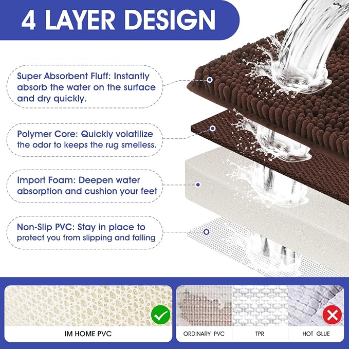 ACCUMTEK Striped Brown Bathroom Rug Mat 36"x24" Ultra Soft, Non Slip Chenille Bath Rugs, Absorbent Plush Shaggy Bath Mats for Bathroom, Bedroom, Kitchen, Shower, Tub