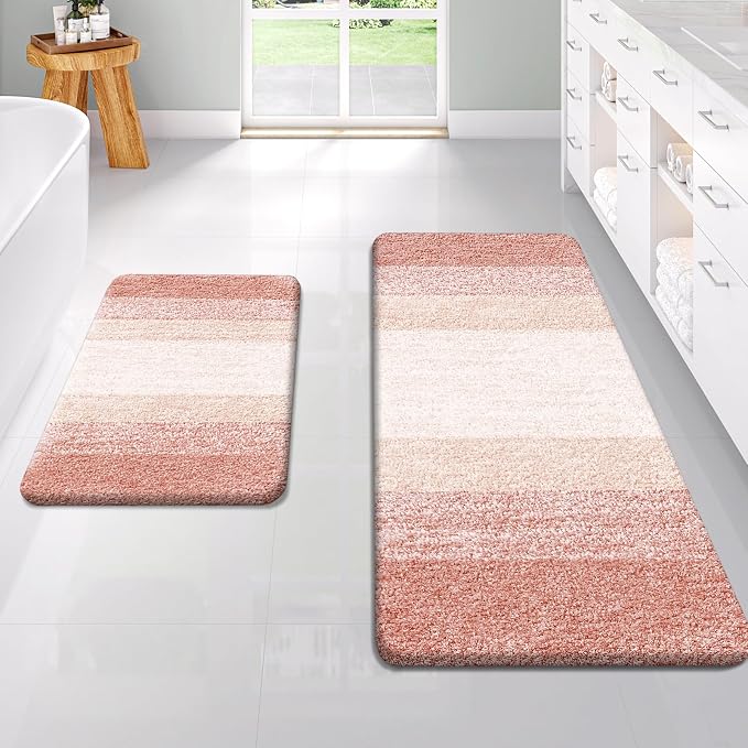 OLANLY Micorfiber Bathroom Rug Set 2 Piece, 47"x20"+24"x16" | Peach, Soft Absorbent Bath Rug Set, Non-Slip, Machine Wash Dry, Plush Shaggy Bath Mats for Bathroom