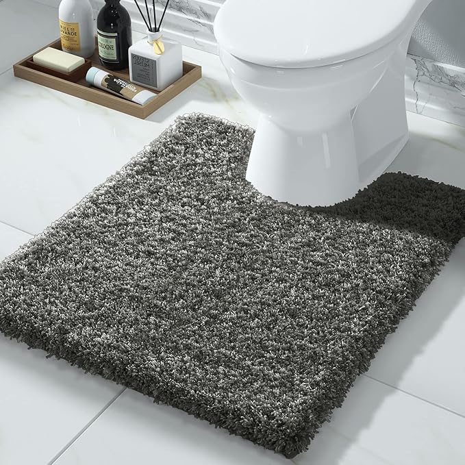Yimobra Toilet Rugs U Shaped 24X20, Ultra Soft and Water Absorbent Bath Mats, Non Slip Fluffy Luxury polyester Contour Bath Rugs for Toilet, Dry Quick, Machine Washable, Light Gray and Black Gray