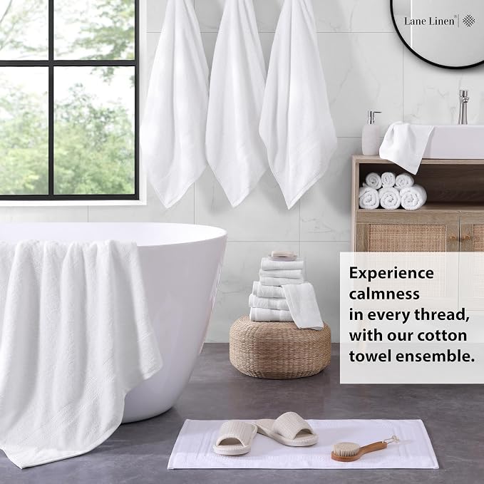 LANE LINEN Bath Towel Set 100% Cotton 18 Piece Soft Absorbent - White | Shower Towels - Generously Sized, Oversized & Roomy, Lightweight & Breathable, Fade-Resistant Color, Classic Terry Weave