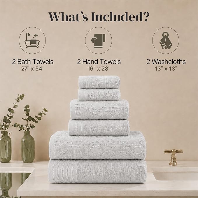 Modern Threads 6 Piece Cotton Bath Towel Set – Ultra Soft 550 GSM Towels – Bathroom Set with Hand Towels and Washcloths – Geometric (Silver Cloud)