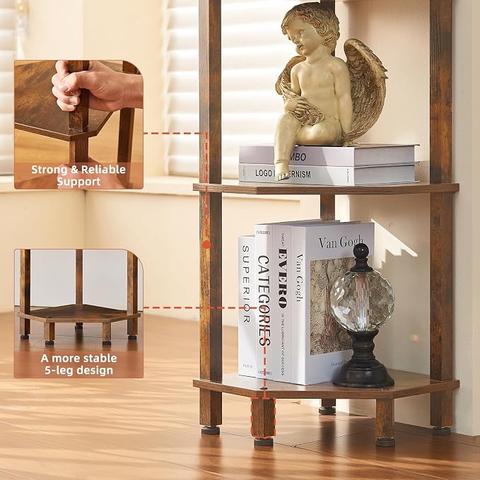 YUFAM 5-Tier Corner Shelf with Sturdy 5-Leg Base, Wooden Corner Bookshelf for Small Spaces, Corner Standing Shelf for Living Room, Bedroom, Office, Brown
