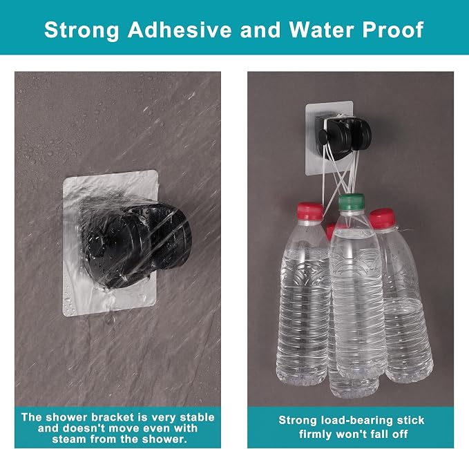 GwernKB Handheld Shower Head Holder with 2 Hanger Hooks,Strong Adhesive&Waterproof No Drilling Wall Mount Shower Bracket for RV and Kids&Elders,Install Any Height&Fix Firmly,Black