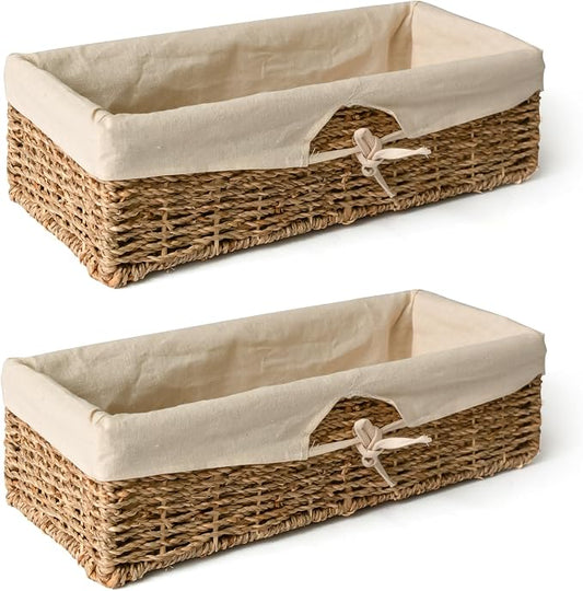 KOKODO Pack of 2 Seagrass Tank Topper Storage Baskets - Woven Wicker Basket for Toilet Paper Holder, Baskets for Vanity, Bathroom, Pantry Organizing, or Coffee Table Decor