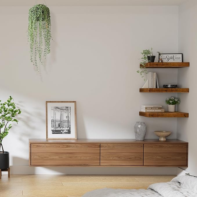 QEEIG 10" Deep Floating Shelves for Wall - 10 x 16 inch Book Shelf Bathroom Bedroom Kitchen Living Room Hanging Bookshelf Farmhouse Set of 3, Rustic Brown (025-40BN3)