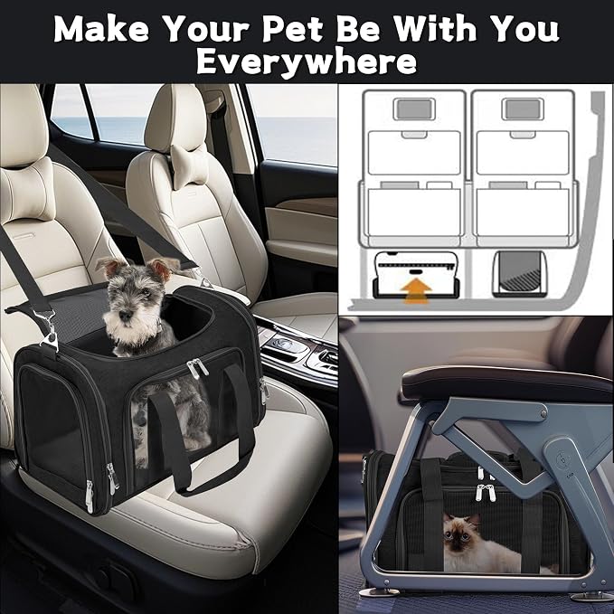 Soft-Sided Cat/Dog/Pet Carrier, Collapsible Pets Travel Carriers | for Big Cats/Small Dogs with Shoulder Strap & Removable Mat, Mesh Puppy Carry Bag, Up to 16 Lbs, TSA Airline Approved(Black)