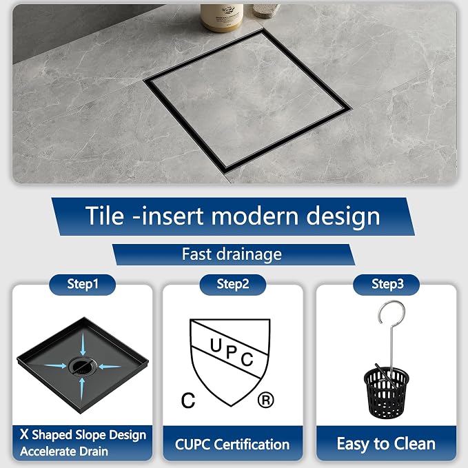 Neodrain Square Shower Drain with Removable Tile Insert Grate,304 Stainless Steel, CUPC Certified, Includes Hair Strainer (Matte Black, 8 in)
