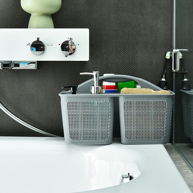NINU Plastic Gray Shower Caddy Basket, Divided Cleaning Portable Shower Basket with Handle Compartments Storage Organizer for Bathroom, College, Kitchen, Dorm Room Essentials