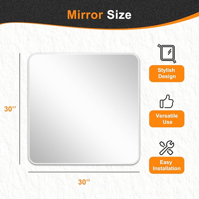 Delma Bathroom Vanity Mirror, Silver Framed Mirror for Over Sink, 30x30 | HD glass, distortion-free for makeup and grooming, Sturdy frame, all mounting hardware, hangs horizontal or vertical