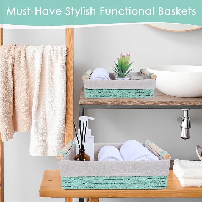 Wicker Storage Basket with Wooden Handle – Paper Rope Decorative Toilet Paper Baskets & Bathroom Organizer for Toilet Tank Top, Shelves, Bedroom, Countertop,Home,Office Storage Bins, 2 Pack,Mint Green