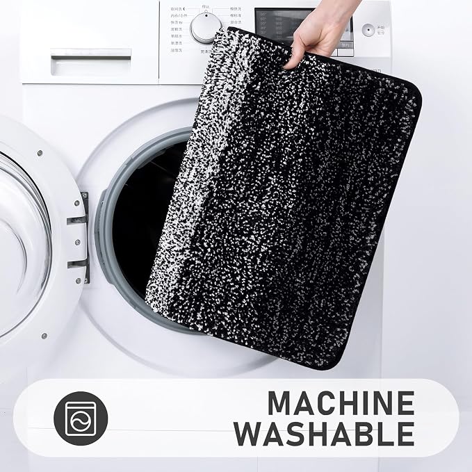 Bsmathom Bathroom Rug Set 4 Piece, Plush Microfiber Bath Mat, Black | Extra Water Absorbent, Non Slip Washable Runner Bath Rugs with Toilet Lid Cover and U-shaped Contour Toilet Mat