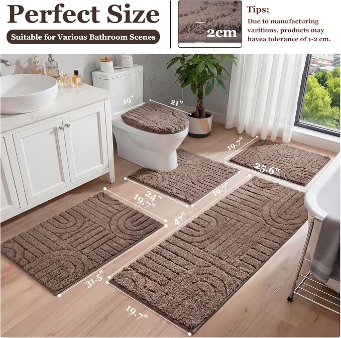 Homcomoda Bathroom Rugs Sets 5 Piece, Ultra Absorbent Bath Mat - Non-Slip Machine Washable Bath Rug Set with Bathroom Runner Rug, U-Shaped Toilet Rugs, Shower Rug & Toilet Lid Cover, Coffee