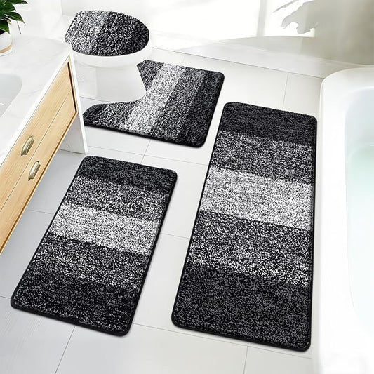 Bsmathom Bathroom Rug Set 4 Piece, Plush Microfiber Bath Mat, Black | Extra Water Absorbent, Non Slip Washable Runner Bath Rugs with Toilet Lid Cover and U-shaped Contour Toilet Mat