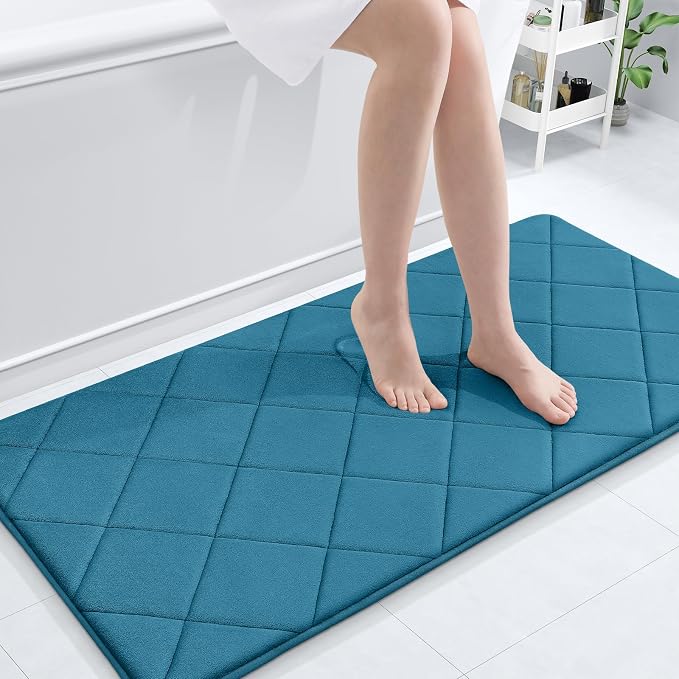 OLANLY Memory Foam Bath Mat 44x24, Ultra Soft and Absorbent Bathroom Rugs | Peacock Blue, Quick Dry, Machine Washable Shower Bath Rugs, Comfortable Bath Carpet for Bathroom Floor, Tub and Shower