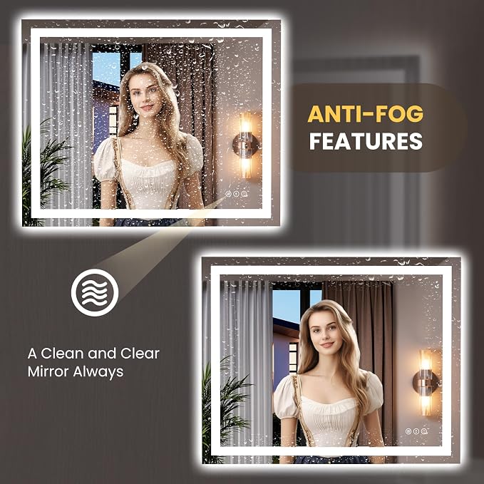 LOAAO 39.4"x31.5" LED Bathroom Mirror with Lights, UL Listed | Anti-Fog, Dimmable, 3 Color Temperature, Backlit + Front Lit, Memory Function, Tempered Glass