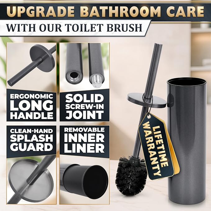 Graphite Metallic Stainless Steel Toilet Brush and Holder Set - Toilet Bowl Brush and Holder with Splash Cover, Sturdy Bristles, Corrosion & Scratch Resistant - Elegant Design, Effective Deep Cleaning