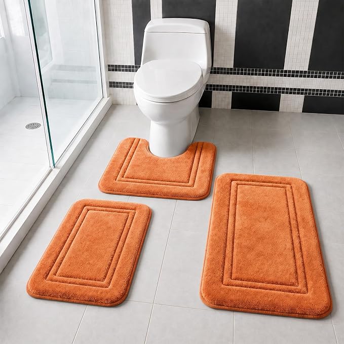 Bathroom Rugs Set 3 Piece Memory Foam, Bordered Toilet Rug, Non-Slip Orange | Fall, Halloween & Thanksgiving Decor — Warm Orange bath mats, absorbent and washable, with a U-shaped toilet mat.