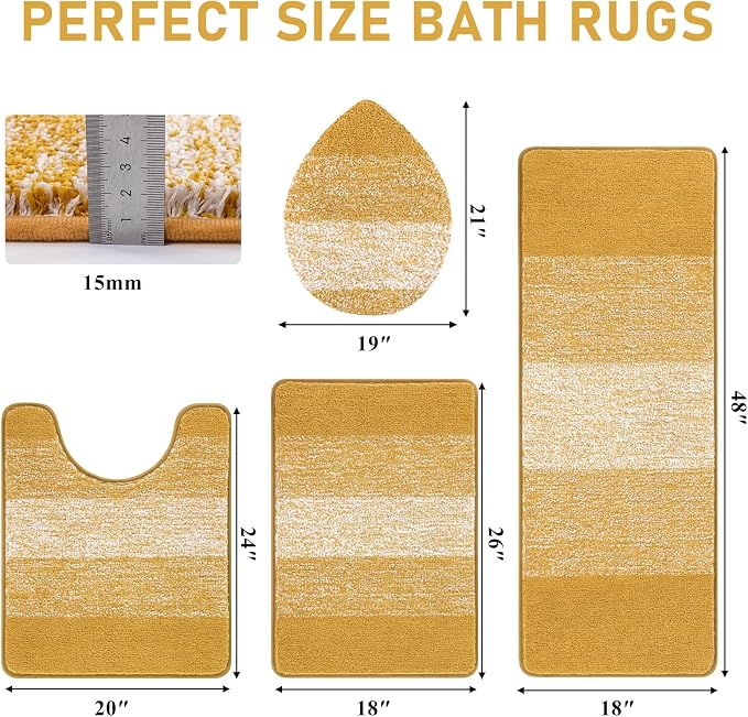 Bsmathom Bathroom Rug Set 4 Piece, Plush Microfiber Bath Mat, Mustard | Extra Water Absorbent, Non Slip Washable Runner Bath Rugs with Toilet Lid Cover and U-shaped Contour Toilet Mat