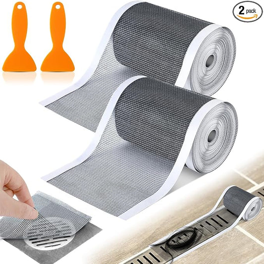 2 Pack Linear Shower Drain Hair Catcher Mesh Stickers Cutable | 4x33ft Disposable Adhesive Mesh Cover for Bathroom Kitchen Bathtub Floor Drains, DIY Install, Includes 2 Removal Tools