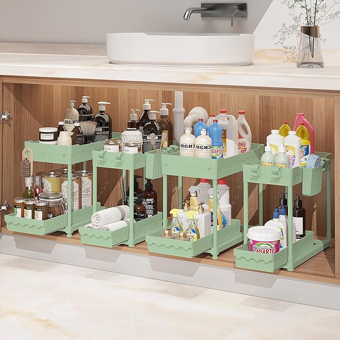 Sevenblue Under Sink Organizer, Bathroom Organizers and Storage, 2 Tier Multi-Use Pull Out Cabinet Organizer with Hang Hooks and Cups (Green, 12.8 Inch)