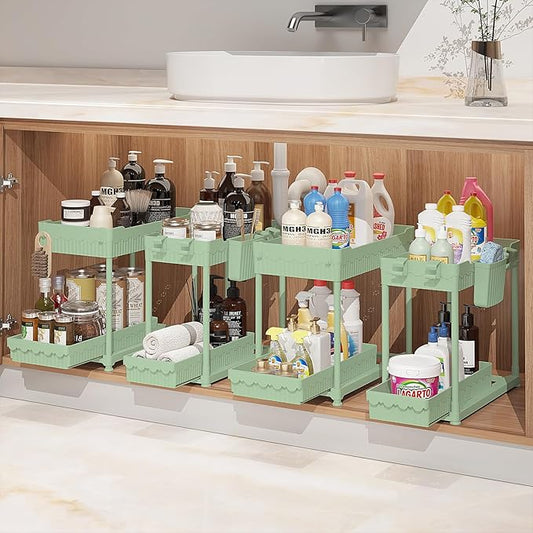 Sevenblue Under Sink Organizer, Bathroom Organizers and Storage, 2 Tier Multi-Use Pull Out Cabinet Organizer with Hang Hooks and Cups (Green, 12.8 Inch)