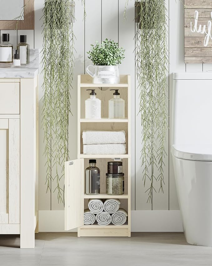 Hzuaneri Bathroom Storage Cabinet, Small Farmhouse Corner Floor Cabinet with Door and Shelves, Narrow Toilet Paper Holder Stand, Bathroom Organizer with Adjustable Shelf, for Small Spaces,Rustic White