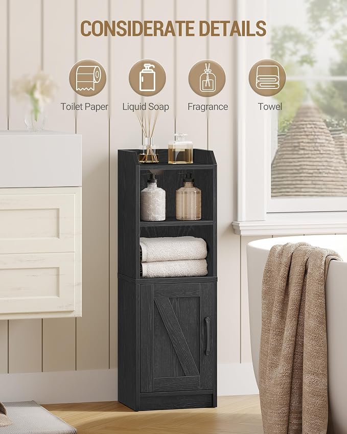 Hzuaneri Bathroom Storage Cabinet, Small Farmhouse Corner Floor Cabinet with Door and Shelves, Narrow Toilet Paper Holder Stand, Bathroom Organizer with Adjustable Shelf, for Small Spaces, Black