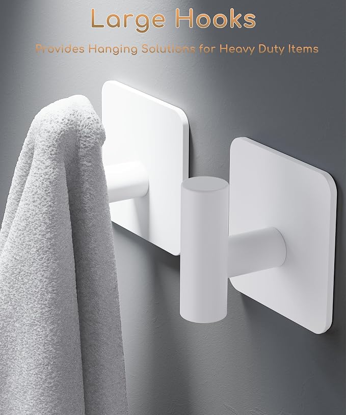Aikzik 4 Pack Large Heavy Duty Wall Hooks - 26lb Max, Stainless Steel Adhesive Towel Hook, Shower Hooks for Hanging Towel, Coat, Robe, Wall Hook for Use in Bathroom, Kitchen and Door, White