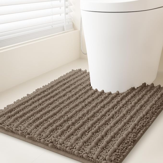 ACCUMTEK Upgrade Luxury Dark Beige Toilet Bathroom Rug Mat 24" x 20" Contour Rug, Ultra Soft Thick Absorbent Bath Mats, Non Slip Chenille Toilet Mat for Bathroom, Bedroom, Kitchen, Shower, Tub, Taupe