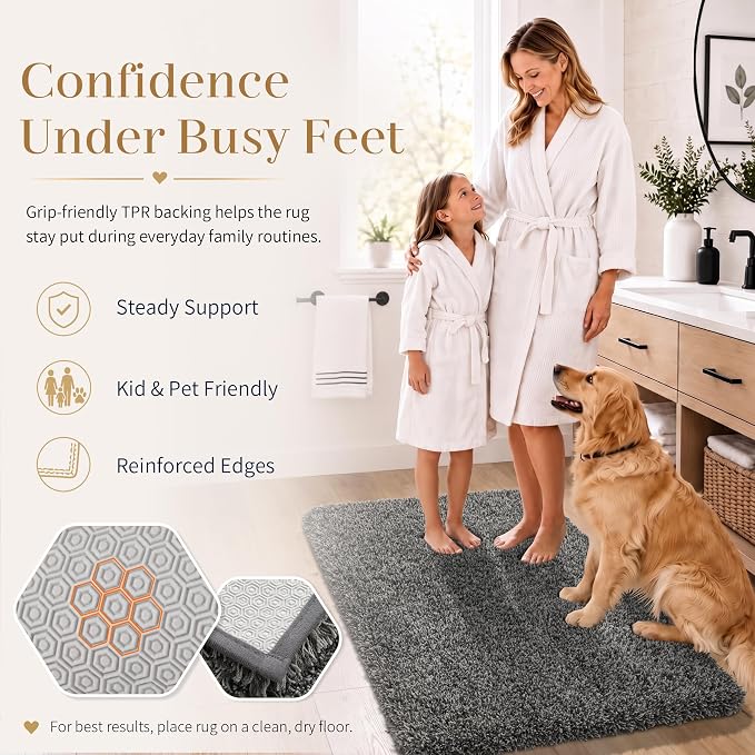 Yimobra Luxury Bathroom Rugs, Fluffy Bath Mats, Non Slip, Water Absorbent Microfiber, Machine Washable, Plush Runner Shower Rug, Thick Matts for Bathroom Floor/Tub, 47"x 24", Light Gray and Black Gray