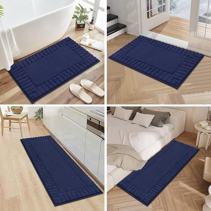 Pauwer Bathroom Rugs Sets 3 Piece, Microfiber Bath Mat Set, Navy Blue | Non Slip Washable, Soft Plush, Extra Absorbent Bath Mats, U Shaped Contour Toilet Rug for Bathroom