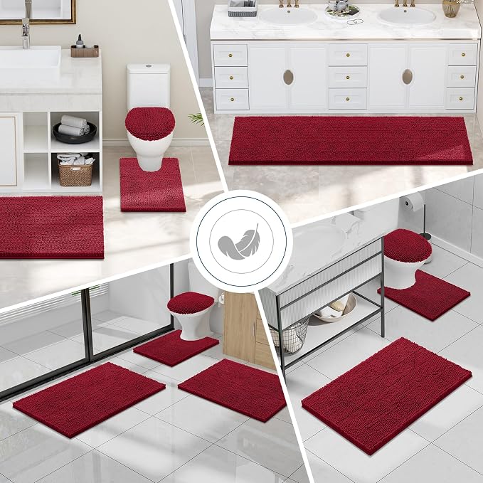 Smiry Chenille Bathroom Rugs Sets 2 Piece (30x20+24x16, Red) | Soft Absorbent Machine Washable Non Slip Shaggy Bath Rug Set for Tub, Shower, and Floor, Home Decor