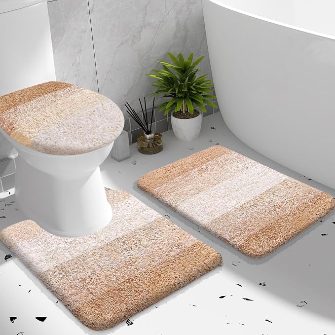 OLANLY Bathroom Rugs Sets 3 piece, Soft Microfiber Absorbent Bath Mat, U-Shaped Contour Toilet Mat and Toilet Lid Cover, Quick Dry, Machine Washable, Toilet Cover and Rug Set for Bathroom, Beige