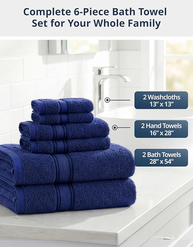 LANE LINEN Bath Towel Set 100% Cotton 6 Piece Soft Absorbent - Navy | Shower Towels - Generously Sized, Oversized & Roomy, Lightweight & Breathable, Fade-Resistant Color, Classic Terry Weave