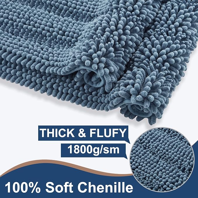 Non Slip Thick Shaggy Chenille Bathroom Rug Sets 2 Piece, Thickened Hot Melt Rubber Bottom Bath Mats for Bathroom, Bath Rugs Quick Dry Machine Washable for Shower (Dusty Blue, 32"x20" Plus 17"x24")
