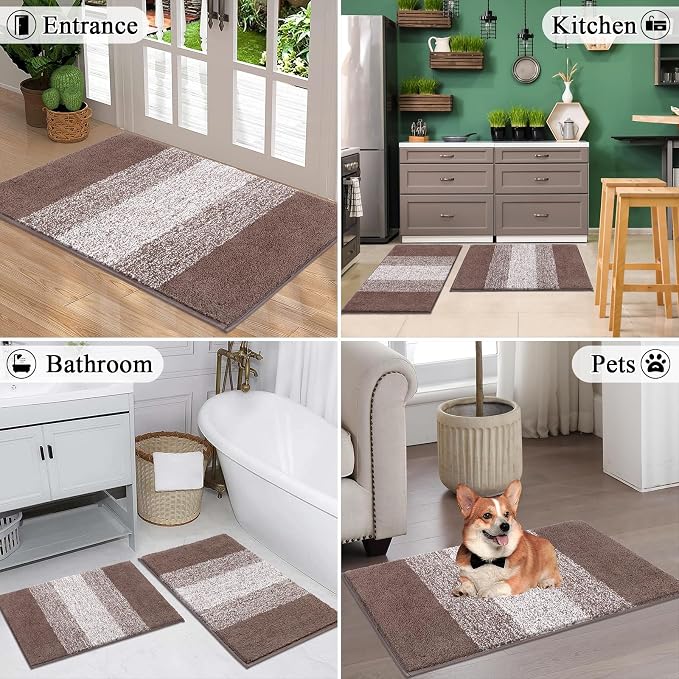 Vaukki Luxury Soft Bathroom Rugs Set of 2, Coffee Non Slip Bath Floor Mat | Microfiber Shaggy Plush Absorbent Striped Washable Bath Carpet for Tub, Bathroom and Shower, 18''x26''+20''x32''