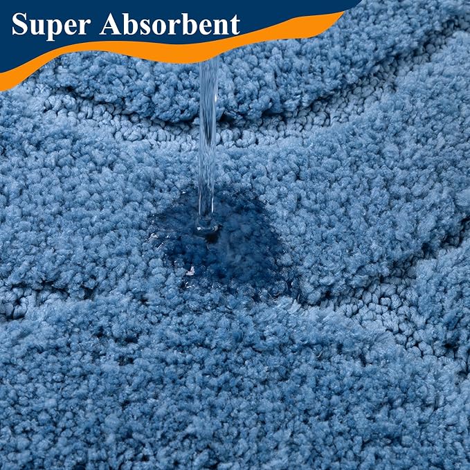 Ileading Bathroom Rugs Sets 5 Piece, Non Slip Washable Bath Mat Set | Absorbent Plush Microfiber Bathroom Mat Set with Toilet Cover, Bath Runner and U-Shaped Contour Rug for Tub, Shower, Blue