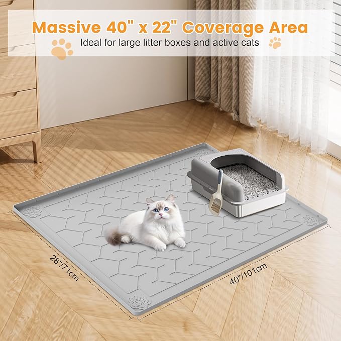 Cat Litter Mat, Extra Large 40"x28" Silicone Mat for Litter Box, Waterproof & Non-Slip Rubber Mat with Lip, Litter Trapping & Scatter Control, Soft on Cat Paws, Urine-Proof Floor Protector