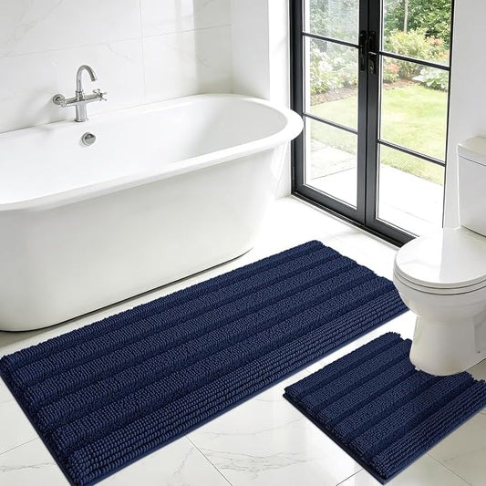 ACCUMTEK Striped Navy Blue Toilet Bathroom Rug Mat Set 2 piece Rug Ultra Soft, Non Slip Chenille Bath Rugs, Absorbent Plush Shaggy Bath Mats for Bathroom, Bedroom, Kitchen, Shower, Tub