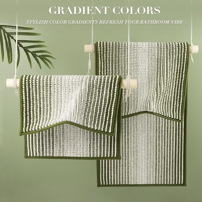 Bathroom Rugs Sets 2 Piece, Non Slip Striped Bath Mats, Sage | 20"x47" Plus 20"x32", Soft Absorbent Chenille, Quick Dry Machine Washable, Shower Rug for Bathroom Floor, Tub, Bedroom Decor