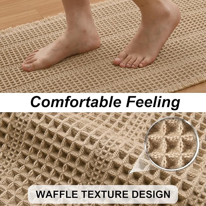 JIUZHEN Waffle Bath Mat Super Absorbent Non Slip Bath Mats for Bathroom Floor Waffle Knit Bathroom Mat with Tassels Machine Washable Bathroom Rugs for Beside Tub, 16" x 24", Strip-Brown