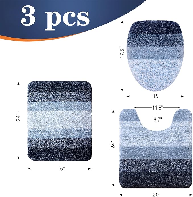 OLANLY Bathroom Rugs Sets 3 piece, Soft Microfiber Absorbent Bath Mat, U-Shaped Contour Toilet Mat and Toilet Lid Cover, Quick Dry, Machine Washable, Toilet Cover and Rug Set for Bathroom, Navy