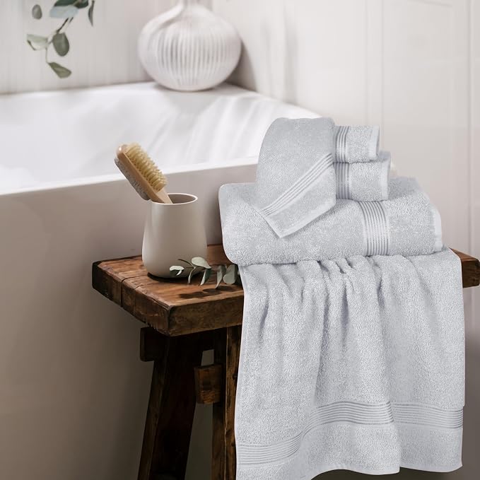 Ultra Soft 6 Pack Cotton Towel Set, Contains 2 Bath Towels 28x55 inch, 2 Hand Towels 16x24 inch & 2 Wash Coths 12x12 inch, Ideal for Everyday use, Compact & Lightweight - Light Grey